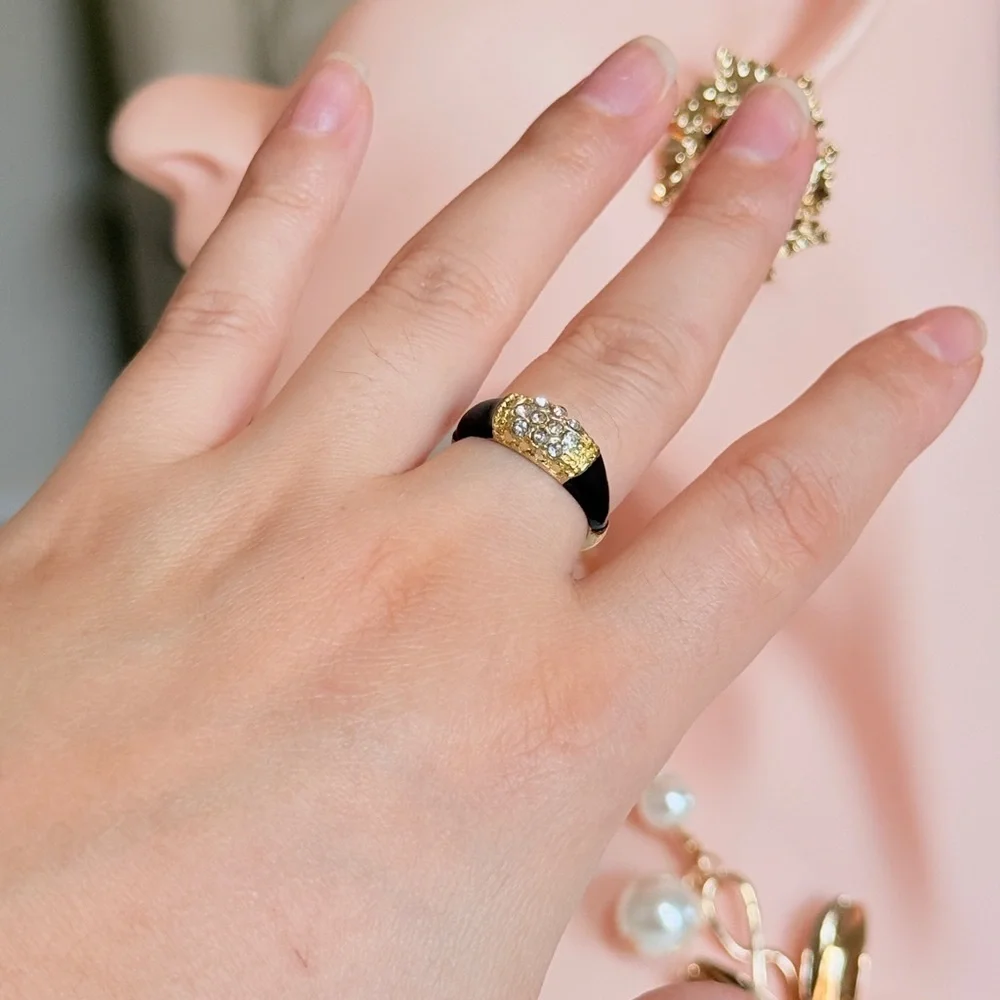 Classic Black Enamel and Gold Band Ring with Crystal Accents